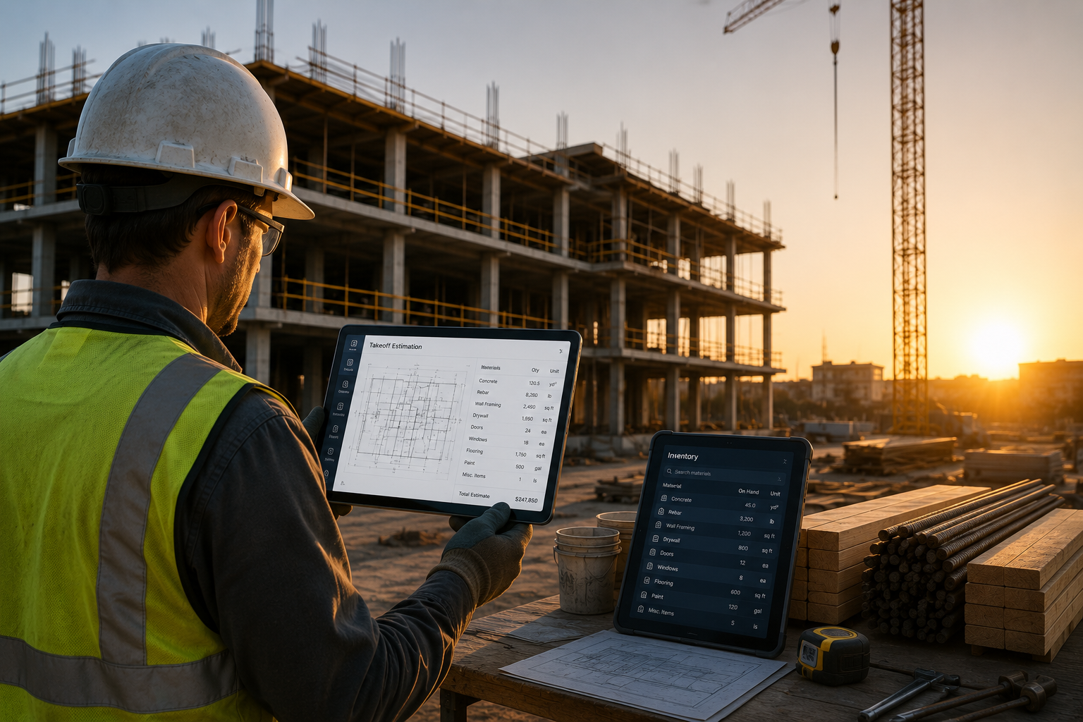 Estimator on a jobsite reviewing an AI takeoff on a tablet