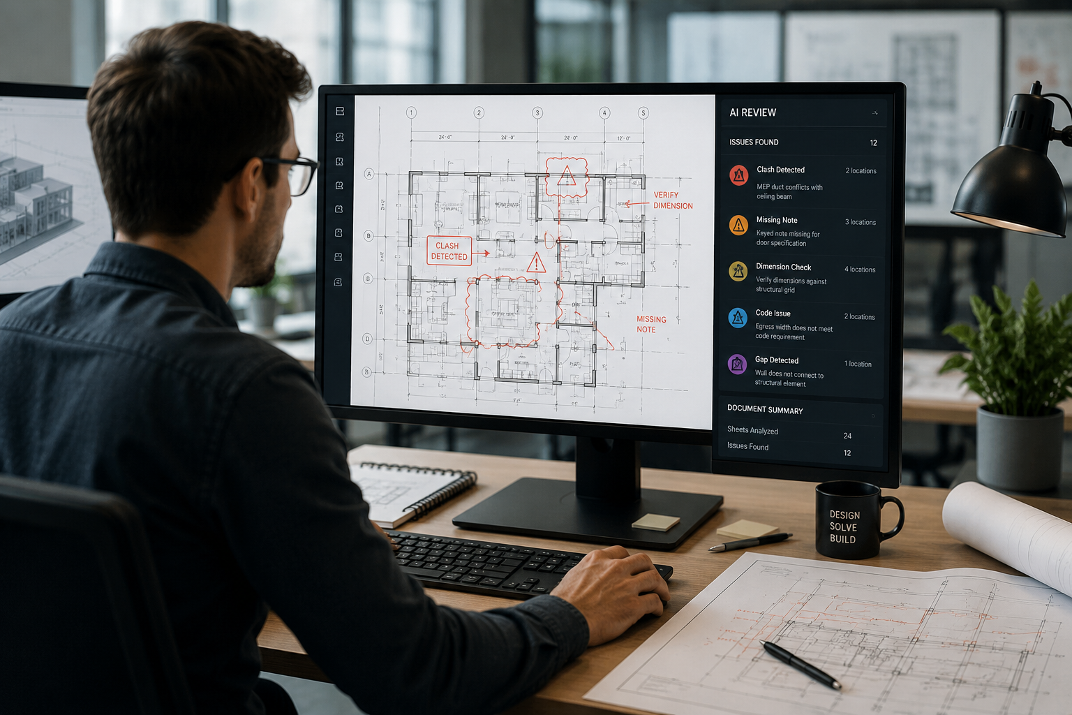 Engineer at a desk reviewing AI-flagged clashes on a floor plan