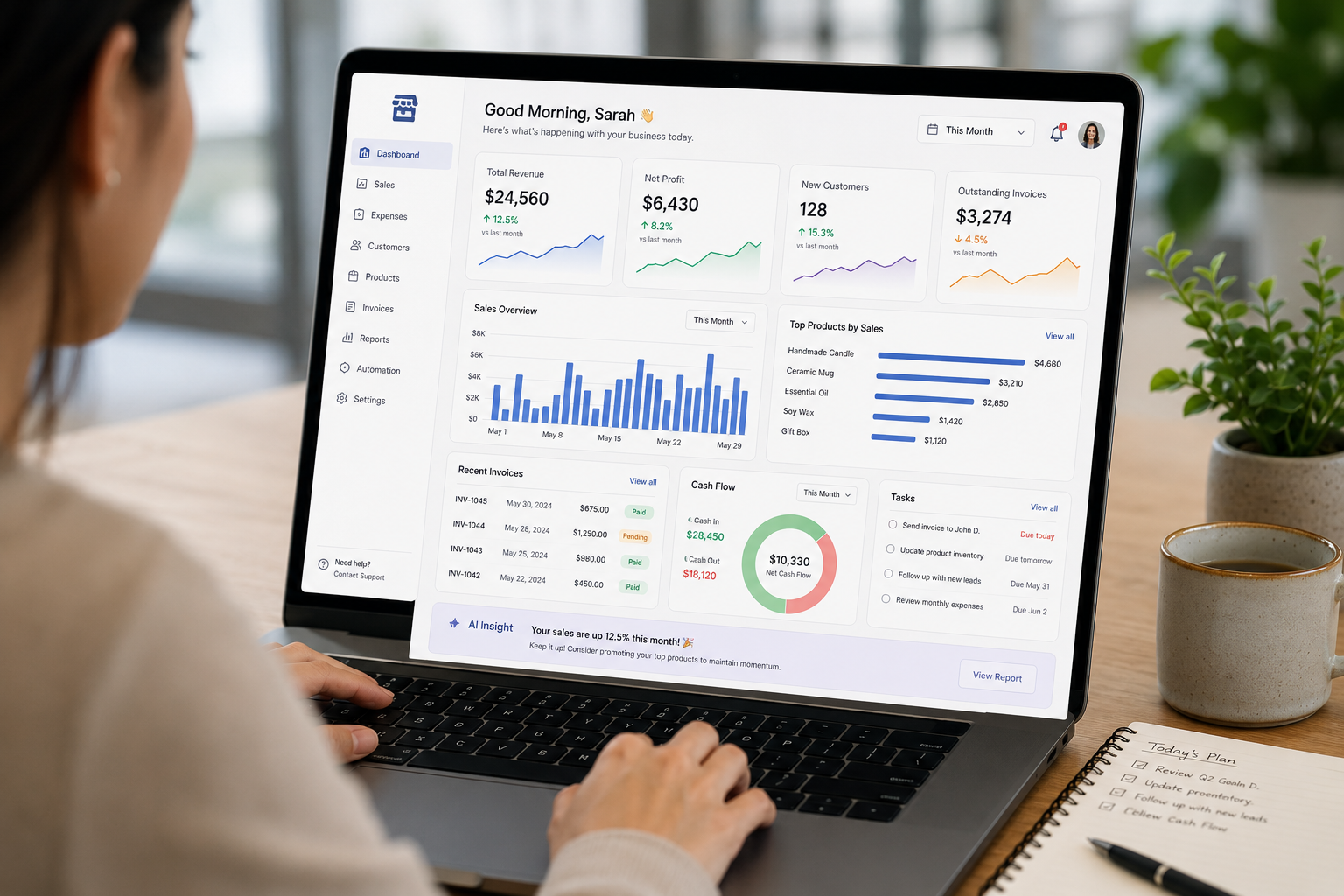 Small business owner reviewing a back-office dashboard