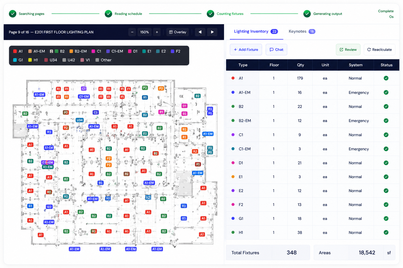AI Electrical Takeoff app interface showing a lighting plan with detected fixtures and a live inventory table